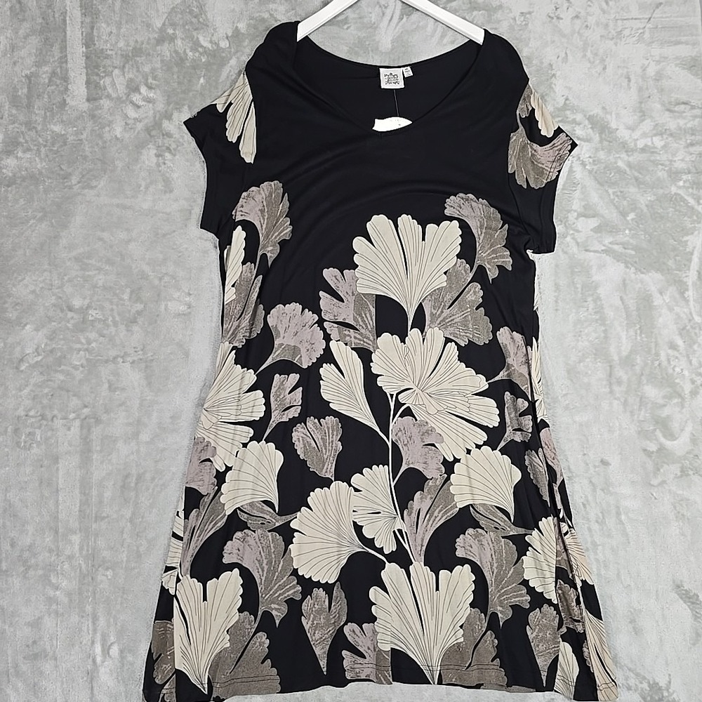 Parsley & Sage Floral Ginkgo Leaf Midi Dress 2x Grey Black Artsy